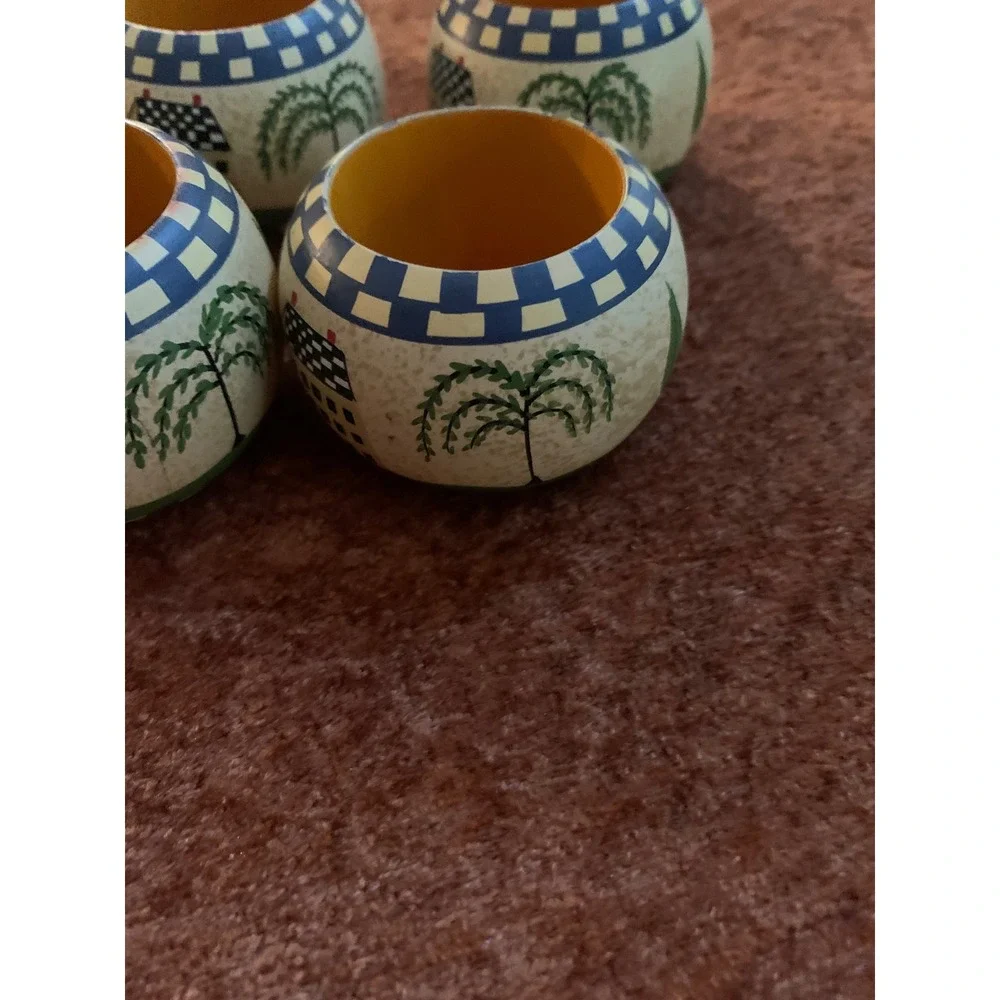 Vintage Folk Art Style Napkin Rings‎ Set of 4 Colonial House Willow Tree Blue